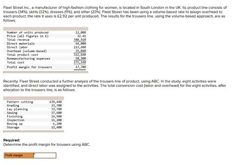 Solved Fleet Street Inc A Manufacturer Of High Fashion Clothing For