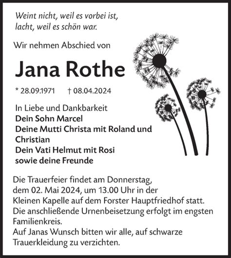 Traueranzeigen Von Jana Rothe Lr Online Trauer De