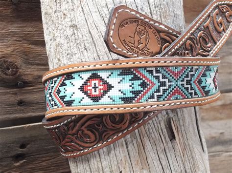 Western Leather Inlay Beaded Belt Etsy