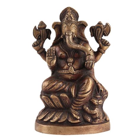 Brass Lord Ganesh Sitting On Lotus Base With Mushak