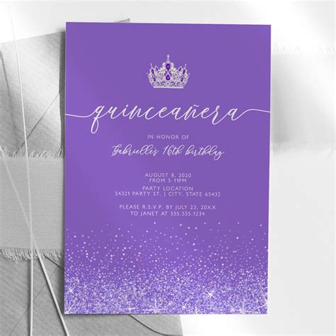 Printable Light Purple Glitter Quinceanera Invitations, Quinceañera Invitations, Quinceañera ...