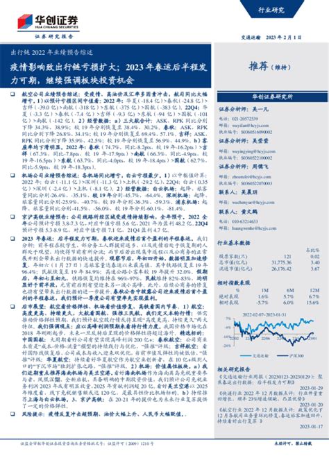 出行链2022年业绩预告综述：疫情影响致出行链亏损扩大；2023年春运后半程发力可期，继续强调板块投资机会