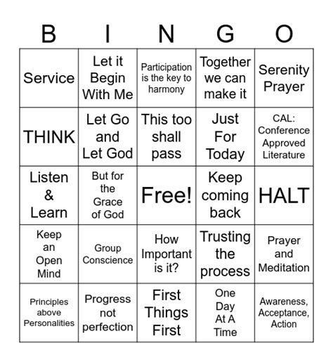 Al-Anon Slogans & Sayings Bingo Card