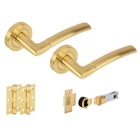 Orbit Round Rose Lever Door Handle Set Satin Brass Leader Doors