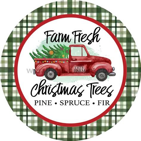 Farm Fresh Christmas Trees Green Plaid Circle Metal Signs Wreath