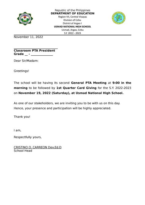 Invitation Letter For A Meeting Republic Of The Philippines Department Of Education Region Vii