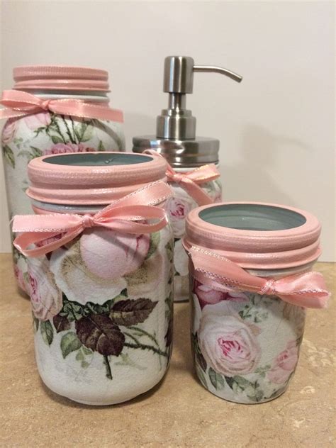 Mason Jar Bathroom Set Mason Jar Decor Rose Decor Pink Rose Decor