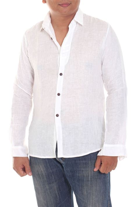 Kiva Store Lightweight Sheer White Cotton Long Sleeved Shirt For Men Pure White