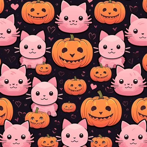 Cute Kawaii Cat Pattern In Pink With Pumpkins Cats Premium Ai