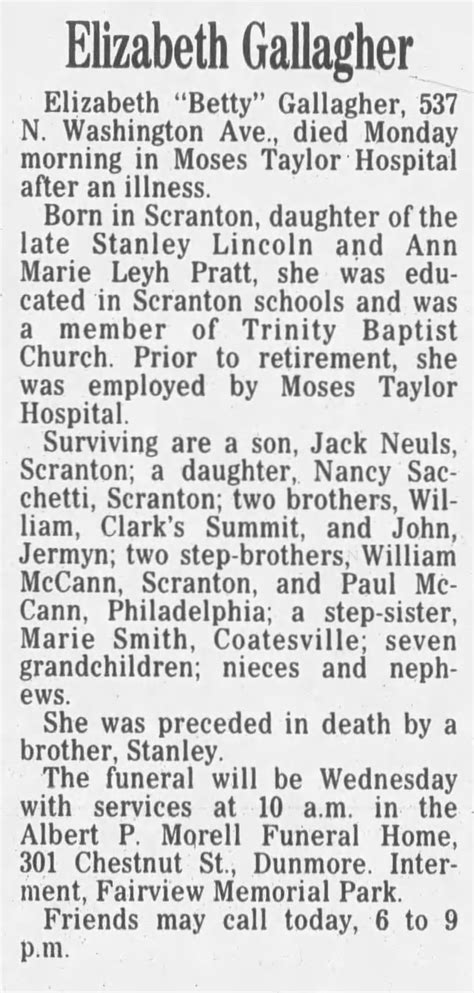 Obituary For Elizabeth Betty Gallagher ™