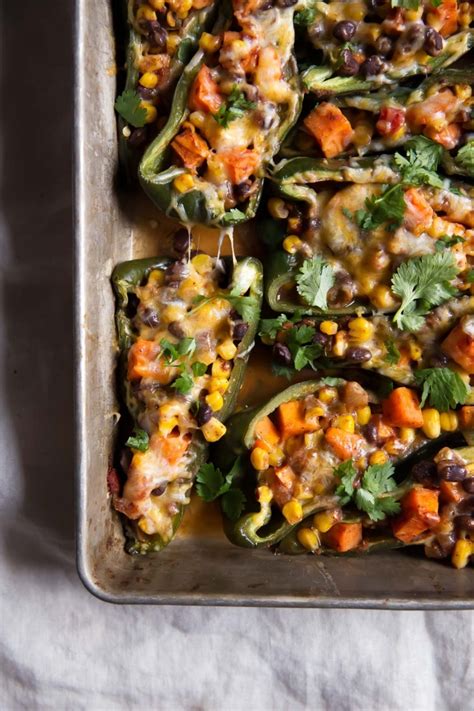 Stuffed Poblano Peppers With Black Bean Corn And Sweet Potato Ambitious Kitchen