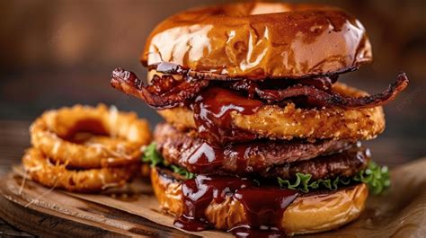 Barbecue Burger Pork With Barbecue Sauce With Cheese Onion Rings And