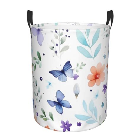 TEQUAN Waterproof Laundry Hampers Blue Butterflies Flower Leaf Pattern