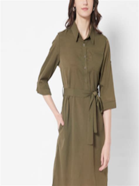 Buy Urbanic Olive Green Solid Shirt Dress With Belt Dresses For Women