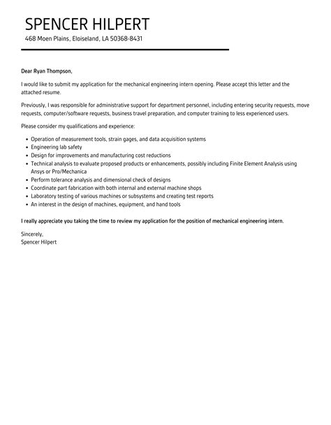 Mechanical Engineering Intern Cover Letter Velvet Jobs