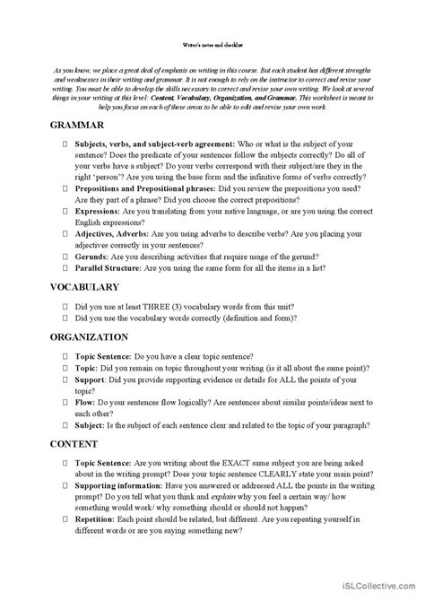 Writer's Checklist: English ESL worksheets pdf & doc 