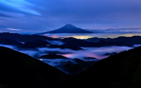 Wallpaper Fuji Mount, night, mountains, fog, Japan 1920x1200 HD Picture, Image