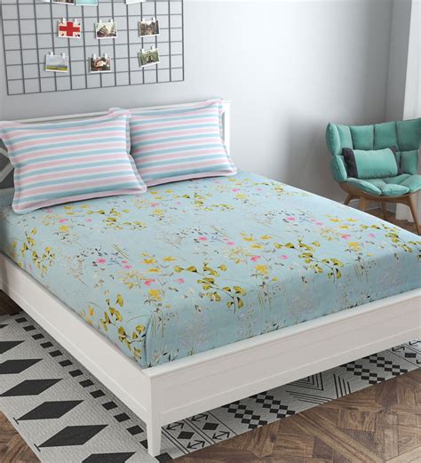 Buy Green Floral 210 Tc Cotton Blend King Sized Bed Sheets With 2