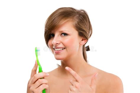 Woman Brushing Teeth Isolated On White Stock Photo Image Of Eyes Naked