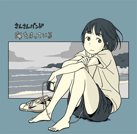 Safebooru 1girl Album Cover Arm Bangs Barefoot Beach Black Shorts