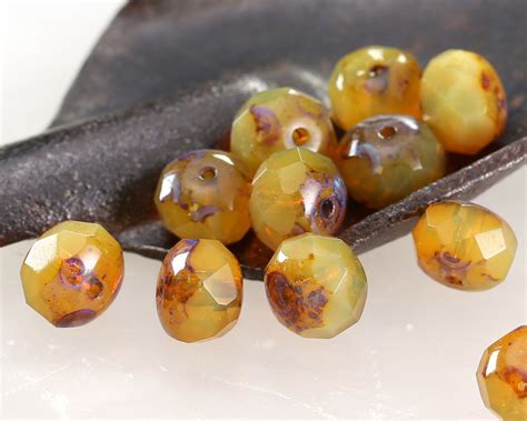 Czech Glass Yellow Opal Picasso Fire Polished Rondelle 6x9mm