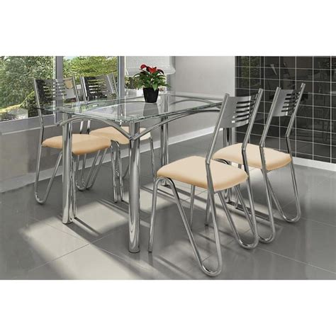 Sala De Jantar Completa Elba A O C Tampo De Vidro X Cm E Cadeiras N Poles Cromada Nude
