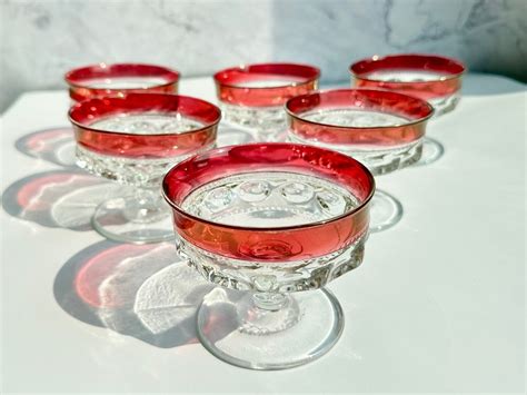 Vintage Tiffin Franciscan Kings Crown Ruby Flashed Coupe Glasses Set Of Six 6 Vintage