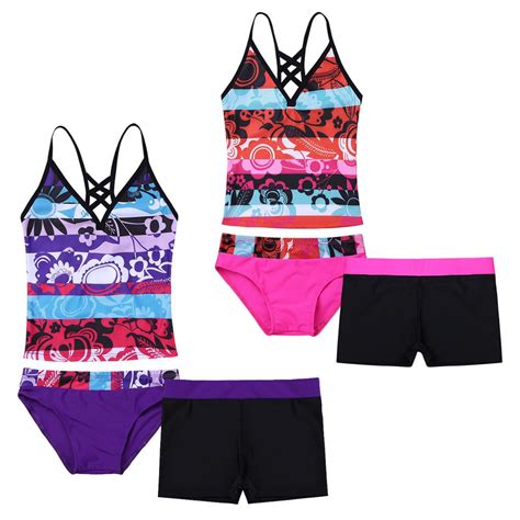 Kinder Mädchen Jugend 3Pcs Bikini Tankini Baden Schwimmen Anzug Top mit