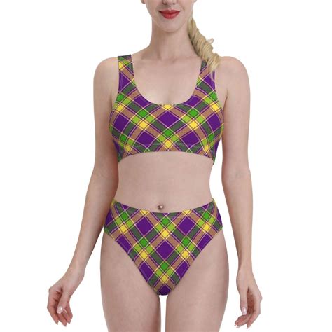 Haiem Mardi Gras Plaid Women S High Waisted Bikini Set Two Piece