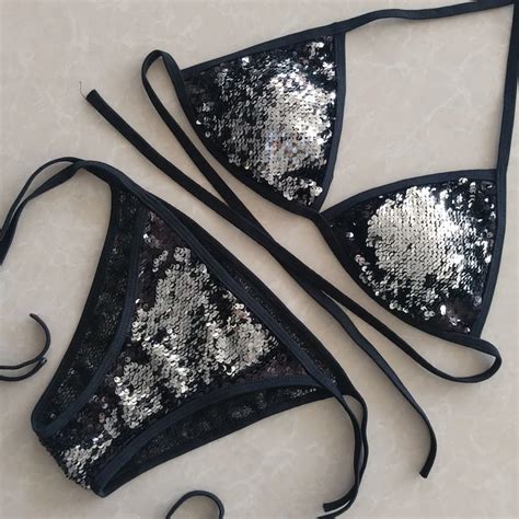 Women Sexy Sequins Bandage String Bikini Swimsuit Microkini Amazon Co