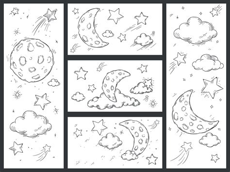 Sketch night sky with moon. Hand drawn moon, night stars and doodle ...