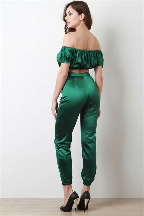 Satin Off The Shoulder Crop Top With High Waisted Pants Urbanog In