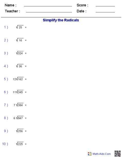 Algebra Simplifying Radicals