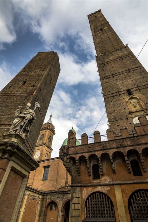 Looking Up At The Two Towers Of Bologna In Northern Italy Stock Photo