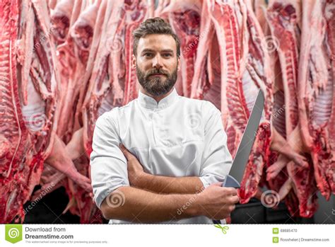 Portrait Of A Butcher At The Meat Manufacturing Stock Photo Image Of