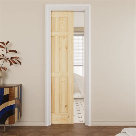 24" x 80" 6 Panel Pine Wood Pocket Door with Soft Close, Solid Door