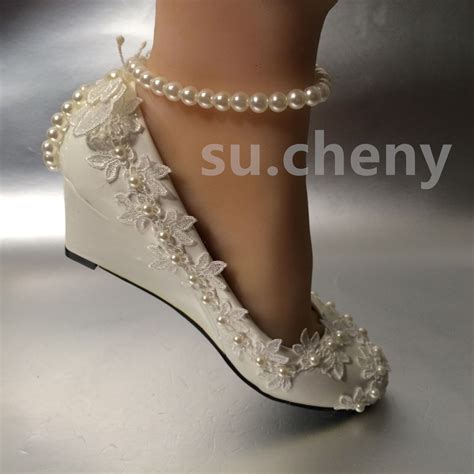 Su Cheny Lace White Ivory Crystal Flats Low High Heel Wedge Wedding