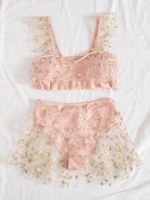 Conjunto de bikini con superposición de malla bordada floral parte superior con dobladillo con