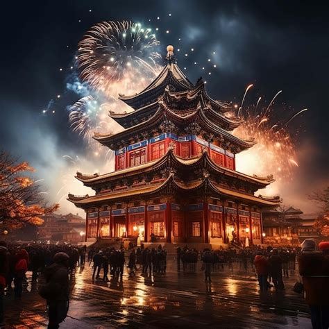 Premium AI Image | The fireworks in the ancient city of Chinese New ...