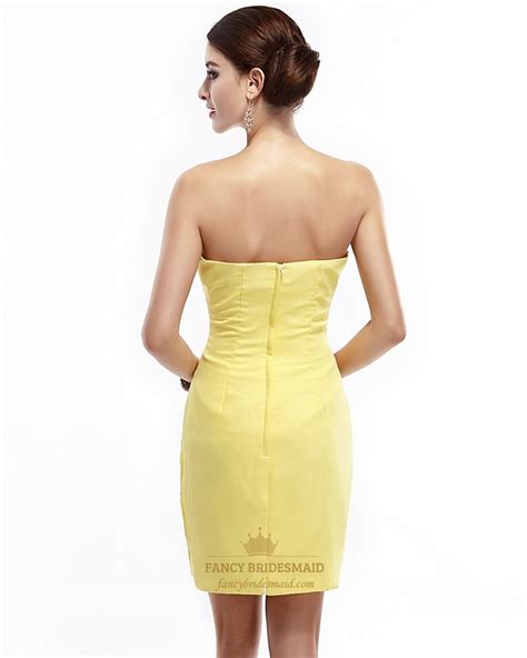 Yellow Strapless Sweetheart Chiffon Beaded Short Dress For Party Or Prom Fancy Bridesmaid Dresses