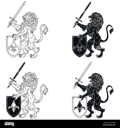 Vector Design Of Rampant Lion With Sword And Shield Heraldic Symbol Of