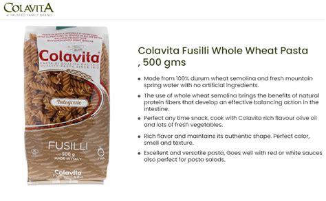 Colavita Fusilli Whole Wheat Pasta 500g Whole Wheat Pasta