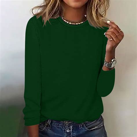 Blczomt Green Women's Tops Plain Oversized Long Sleeve Shirt Crewneck ...