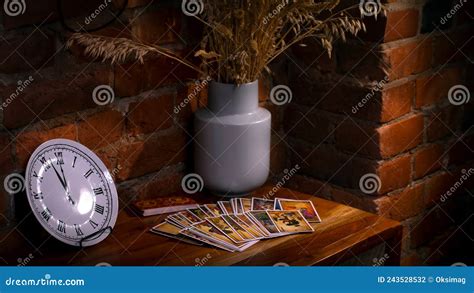 Blurred Predictions Background Tarot Cards Layout On Witch Table Stock