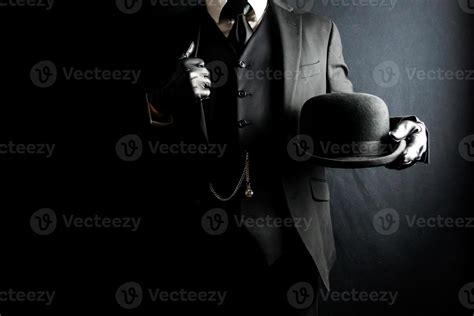 Portrait Of Man In Dark Suit And Leather Gloves Holding Bowler Hat On