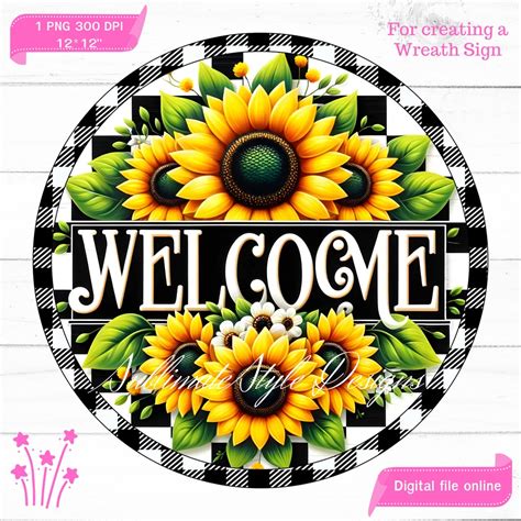 Welcome Sunflower Wreath Sign Welcome Wreath Signs Spring Round Signs Sublimation Design For