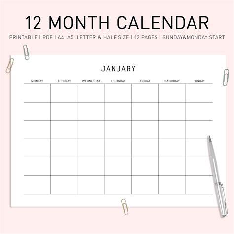 Printable Monthly Calendar Landscape, Minimalist Calendar Template ...