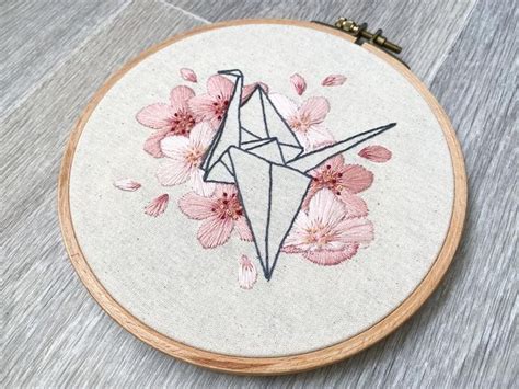 Embroidery PDF Pattern Paper Crane Embroidery Cherry Blossom