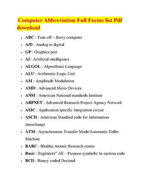 Computer Abbreviation Full Forms list Pdf download - Studocu