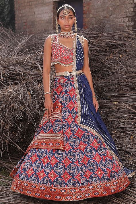 Light Red And Blue Embroidered Lehenga Set Design By Aditi Gupta At